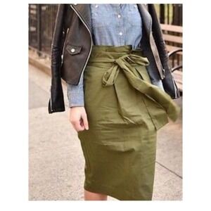 J.Crew Olive Green Cotton Paperbag Waist Midi Pencil Skirt with Belt Size 8